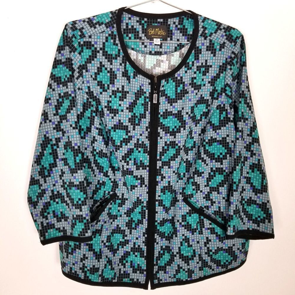 Bob Mackie Women Plus Square Pattern Zip Up Jacket Sz 2X Gray‎ Teal Artsy